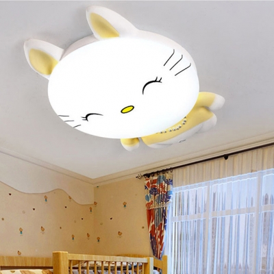 Yellow Cartoon Cat Flush Mount Light Cute Acrylic Ceiling Light in Warm/White for Child Bedroom
