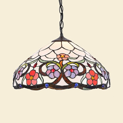 1 Light Floral Theme Hanging Light Tiffany Rustic Style Stained Glass Ceiling Pendant for Restaurant