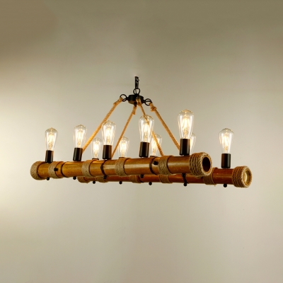 10 Lights Linear Pendant Light Retro Loft Bamboo Island Light in Beige for Living Room
