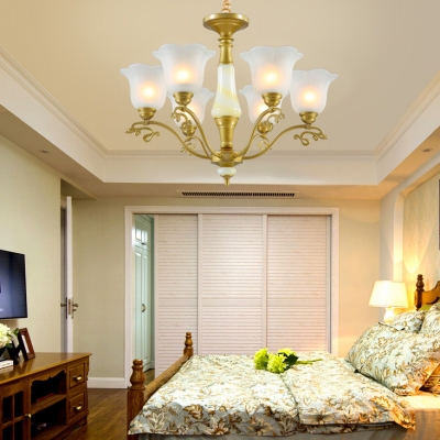 3/6/8 Lights Bell Shade Chandelier Elegant Style Frosted Glass Hanging Light in Gold for Bedroom
