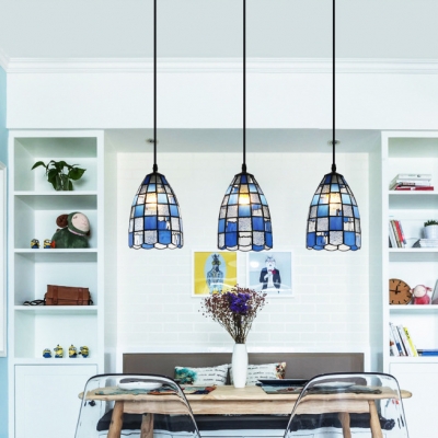 3 Lights Grid Bell Pendant Lamp Tiffany Style Glass Island Light in Blue/White for Kitchen