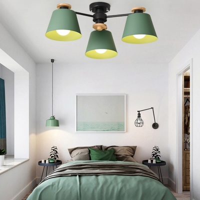 3 Lights Tapered Semi Flush Light Nordic Style Metal Ceiling Fixture in Green/Gray for Child Bedroom