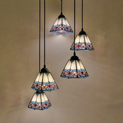 5 Lights Craftsman Hanging Light Tiffany Vintage Ceiling Pendant in Blue/Orange for Hotel