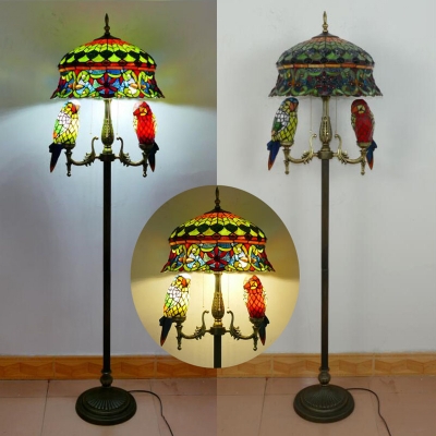 5 Lights Crown Floor Light with Butterfly/Parrot Elegant Style Stained Glass Standing Light