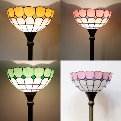 Grid Dome Bedroom Floor Lamp Art Glass 1 Light Tiffany Style Standing Light in Green/Pink/Yellow