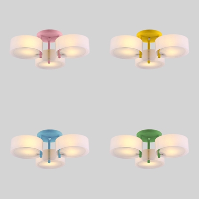 Macaron Loft Round Ceiling Light Acrylic 3 Heads Blue/Green/Pink/Yellow Semi Flush Light for Child Bedroom