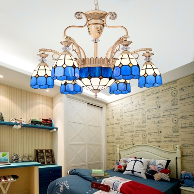 9 Lights Cone Dome Chandelier Mediterranean Style Glass Hanging Lamp in Blue for Living Room