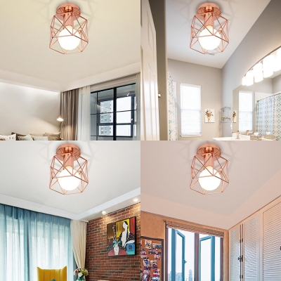Bathroom Hallway Wire Frame Ceiling Mount Light Iron 1 Light Industrial Rose Gold Ceiling Lamp