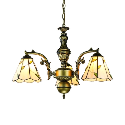 Beige Cone Pendant Light with Leaf 3 Lights Rustic Style Glass Chandelier for Foyer Bathroom