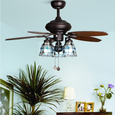 Bell Shade Hotel Ceiling Fan with 5 Blade Glass 3 Heads Antique Remote Control Semi Flush Ceiling Light
