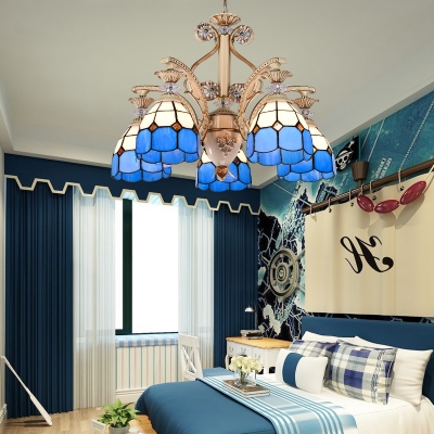 Blue Cone Shade Suspension Light 5 Lights Mediterranean Style Glass Chandelier for Hotel