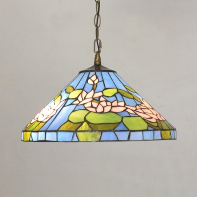 Blue Cone Suspension Light with Lotus Tiffany Antique Stained Glass Hanging Light for Bedroom