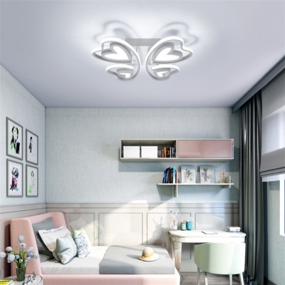 Butterfly LED Semi Flush Mount Light Cartoon Metal Ceiling Fixture in White for Girl Bedroom