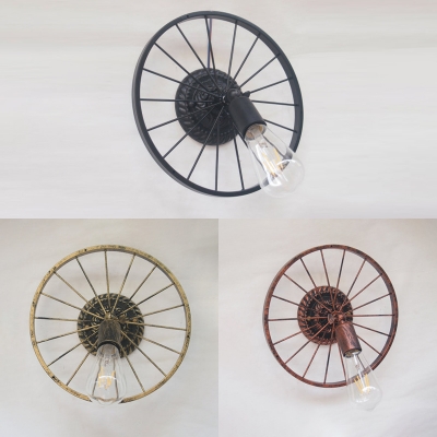 Cafe Bare Bulb Sconce Light Metal 1 Light Antique Aged Brass/Black/Copper Wall Light with Wheel