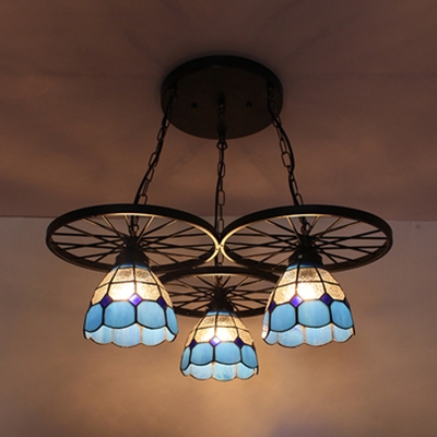 Cafe Wheel Decoration Hanging Light Beige/Blue/Clear/Green Glass 3 Lights Industrial Pendant Light