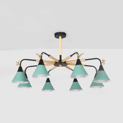 Candy Colored Cone Chandelier with Deer 6/8 Lights Macaron Loft Wood Pendant Lamp for Living Room