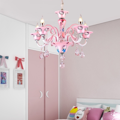 Cartoon Character Chandelier with Crystal Decoration 5 Lights Lovely Pendant Light in Pink for Girl Bedroom