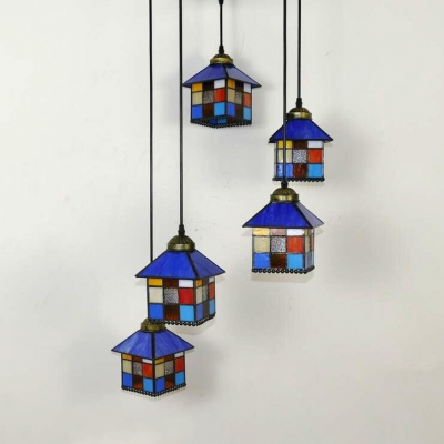Colorful House Shade Hanging Lamp 5 Heads Tiffany Rustic Stylish Glass Pendant Light for Hotel