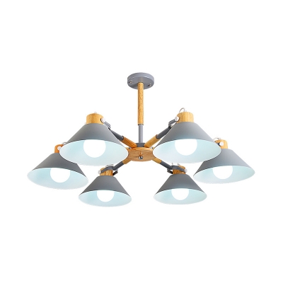 Cone Living Room Ceiling Light Metal 6 Lights Nordic Style Chandelier in Macaron White/Green/Blue/Gray
