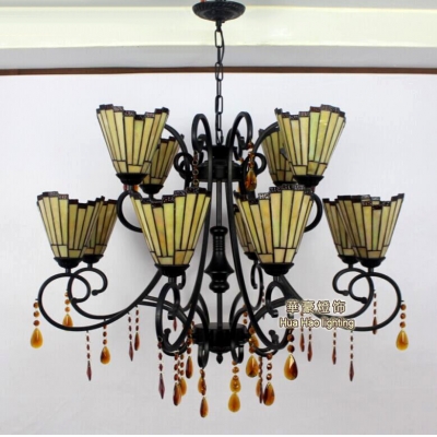 Cone Shade Hotel Chandelier with Crystal Glass Metal Tiffany Style Vintage Hanging Lamp