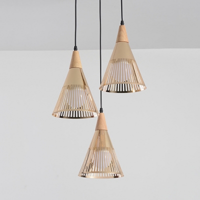Cone Shade Restaurant Ceiling Pendant Metal 3 Lights Industrial Style Hanging Light in Gold