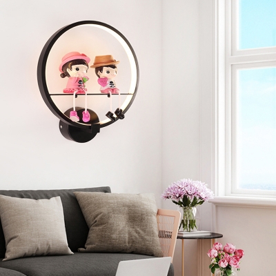 Cute Circle Wall Sconce with Toy Decoration Metal Black Wall Light in Third Gear for Boy Girl Bedroom