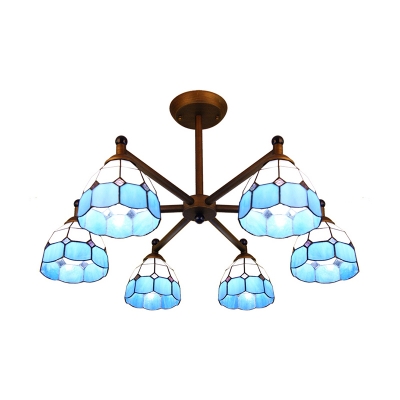 Dining Rom Dome Shade Chandelier Glass 6 Lights Tiffany Style Blue/Orange/Yellow Hanging Lamp