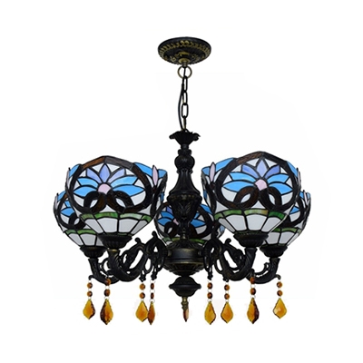 Dining Room Bowl Pendant Lamp Stained Glass 5 Lights Tiffany Style Victorian Chandelier with Crystal