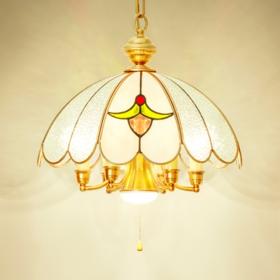 Dome Dining Room Hanging Light with Pull Chain Glass 6 Lights Elegant Style Pendant Lamp in Gold