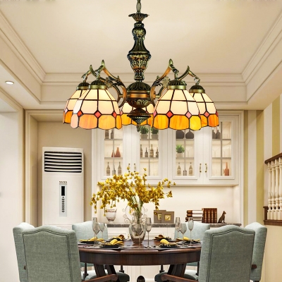 Dome Shade Foyer Hanging Light Glass Metal 3/5/9/11 Lights Tiffany Style Chandelier in Yellow