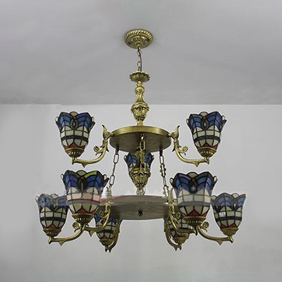 Dome Shade Pendant Lamp 9 Lights Victorian Style Stained Glass Hanging Light for Living Room