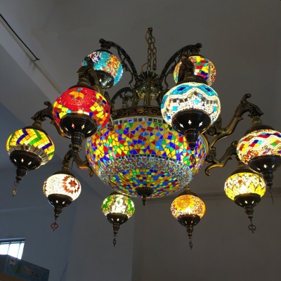 Elegant Dome & Lantern Chandelier Stained Glass 15 Lights Pendant Light for Villa Living Room
