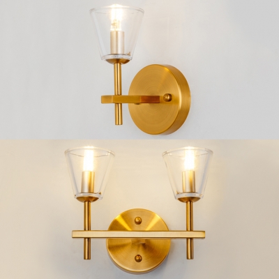 Elegant Style Brass Wall Light Candle 1/2 Lights Metal Sconce Light with Cone Shade for Stair