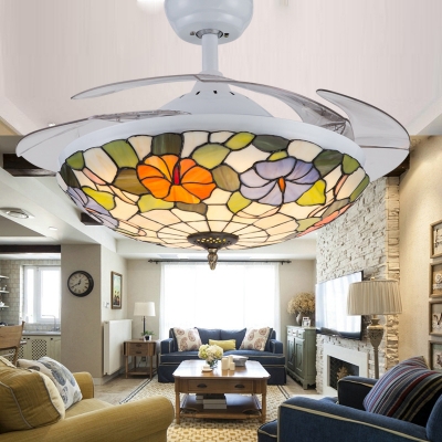 Flower Bedroom LED Ceiling Mount Light Stained Glass Remote Control Frequency Conversion Ceiling Fan