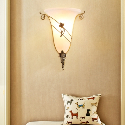 Frosted Glass Cone Shade Sconce Light with Flower Bedroom 1 Light Rustic Style Wall Lamp in White