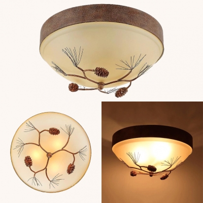 Frosted Glass Dome Flush Ceiling Light with Pine Cone 3 Lights Rustic Style Ceiling Lamp in Rust for Foyer
