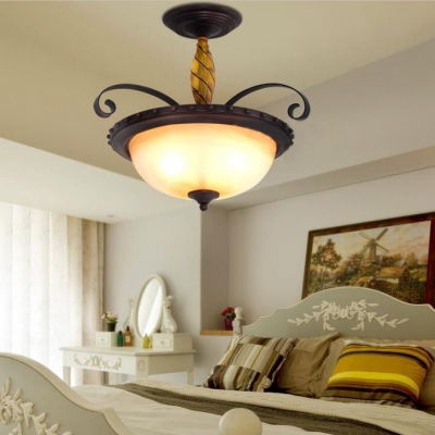Frosted Glass Dome Semi Ceiling Mount Light Bedroom 3 Lights Antique Style Ceiling Lamp in Rust