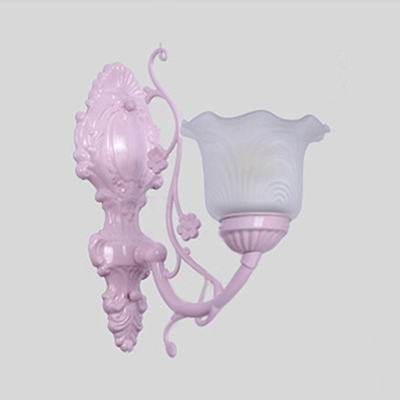 Frosted Glass Flower Wall Lamp Girl Bedroom 1/2 Lights Traditional Sconce Light in Blue/Pink