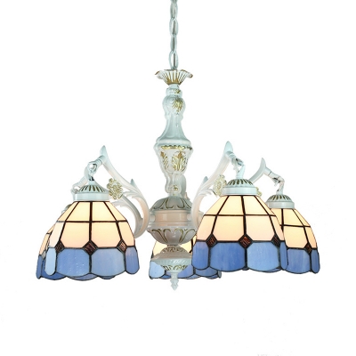 Glass Cone/Dome Suspension Light 5 Lights Mediterranean Style Chandelier in Blue/White for Dining Room