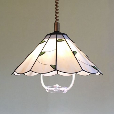 Glass Conical Pendant Light with Green/Pink Leaf Dining Table 1 Light Tiffany Style Pendant Light in White