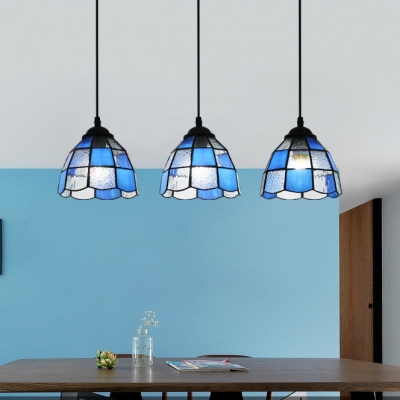 Glass Lattice Dome Pendant Light 3 Lights Tiffany Style Hanging Lamp in Blue/White for Restaurant