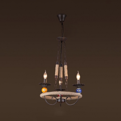 Colonial Style Candle Chandelier Rope 3 Lights Bronze Pendant Light with Billiard for Hallway