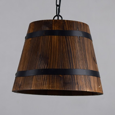 American Rustic Bucket Pendant Light Wood Single Light Brown Hanging Light for Restaurant Hallway