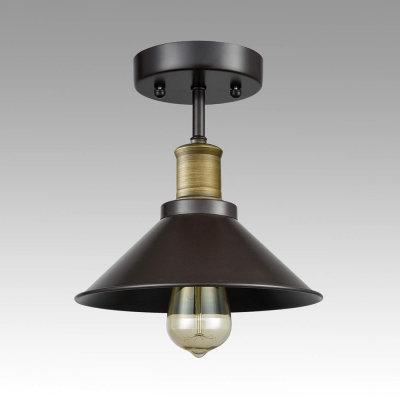 Metal Conical Shade Semi Flush Mount Light Factory 1 Head Antique Style Ceiling Fixture in Black