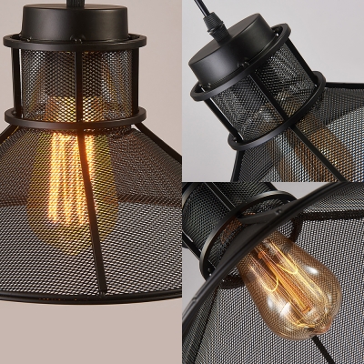 Vintage Hollow Funnel Shape Pendant Light 1 Light Metal Suspension Light in Black for Restaurant