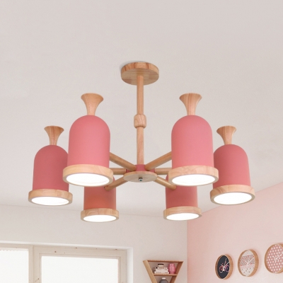 Kids Bedroom Cup Shade Chandelier Wood 3/6/8 Lights Nordic Style Gray/Pink Suspension Light