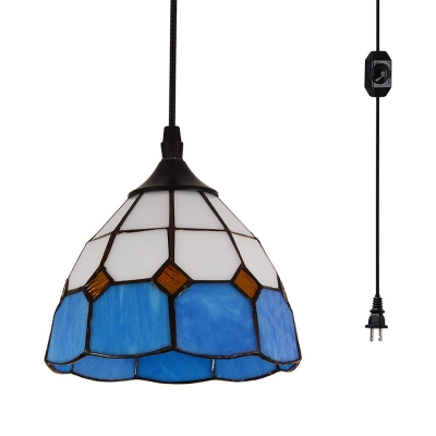 Lattice Dome Bedroom Hanging Light Glass 1 Head Nautical Style Plug In Pendant Light in Blue
