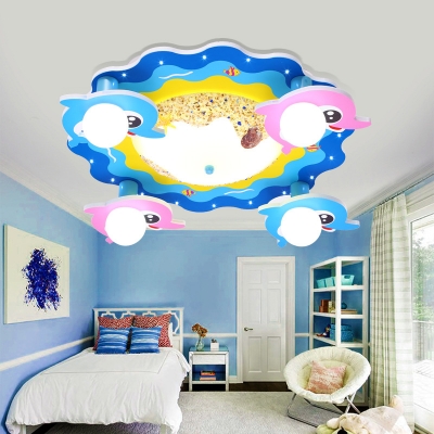 Lovely Blue LED Flush Ceiling Light Dolphin Wood Ceiling Mount Light in Warm for Bedroom