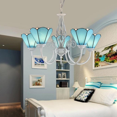 Mediterranean Style Blue Pendant Lamp Cone Shade 5 Lights Glass Chandelier for Living Room