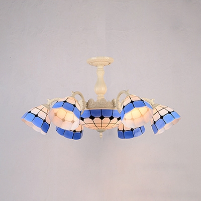 Mediterranean Style Blue Pendant Lamp Dome Shade 7 Lights Stained Glass Chandelier for Living Room
